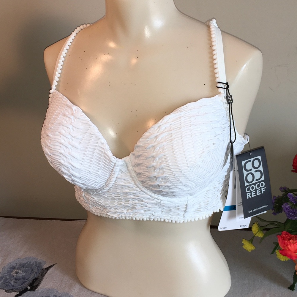 Coco Reef White Textured Longline Underwire Bra with Beaded Straps